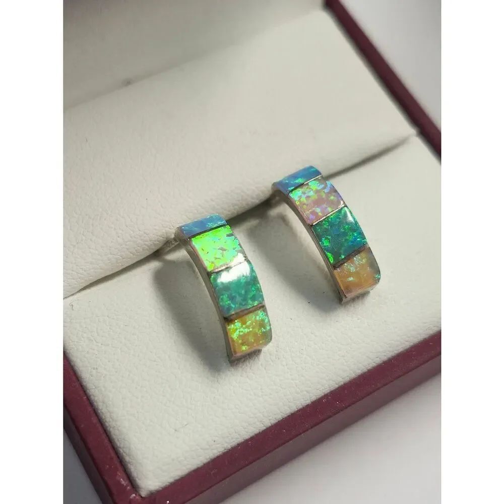 Sterling Silver 925 Opal Inlay Half Hoop Earrings Multi